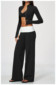 Conjunto Deportivo de 2 Piezas para Mujer, Top Corto sin Mangas de Poliéster Azul a Rayas, Pantalones Acampanados de Cintura Alta, Transpirable - Product Image 5