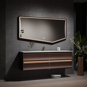 Mobile <span class=keywords><strong>Bagno</strong></span> Sospeso di Lusso con Specchio LED a Tre Pannelli, Mobile in Legno Massello da Parete <span class=keywords><strong>e</strong></span> Lavabo Integrato Impermeabile - Product Image 3
