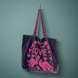 Wholesale Custom Handmade Purple Velvet Tote <b>Bag</b> Featuring Pink LOVE Lettering Doves <b>Hearts</b> and Floral Applique Embroidery Chic - Product Image 4