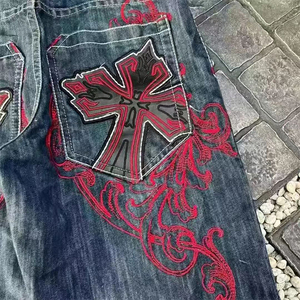 hong kong custom Embroidery Men's <b>Boot</b> Cut Mid Waist Y2K <b>Gothic</b> Harajuku Style Baggy Denim Shorts Streetwear Summer Vacation - Product Image 4