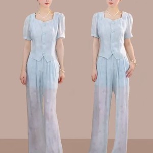 Women's Casual Two Piece Set Light Blue Chiffon Breathable Splicing Summer Suit - Product Image 3