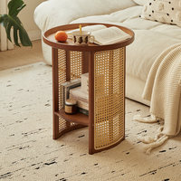 Table d'appoint ronde en rotin tressé, personnalisée, à 2 niveaux de rangement, style japonais, table basse pour café et thé, mini table, mobilier de salon pour villa et maison