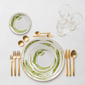 Vente en gros d'assiettes à dîner en céramique à motif <span class=keywords><strong>de</strong></span> fleurs <span class=keywords><strong>de</strong></span> <span class=keywords><strong>pois</strong></span> verts, vaisselle <span class=keywords><strong>de</strong></span> mariage design rond pour fête, caractéristique durable - Product Image 6