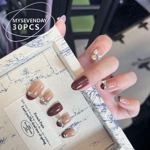 Xiaohongshu vente chaude ongles portables faits à la main haut de gamme strass nœud papillon autocollants français pièces d'ongles détachables - Product Image 1