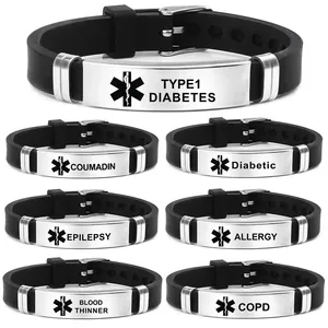 Gelang peringatan medis silikon Stainless Steel, hadiah perhiasan untuk alergi <span class=keywords><strong>Diabetes</strong></span>-pesona Fashion pria wanita - Product Image 1