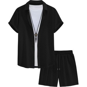 FOXA Mens Summer Waffle Knit 2 Piece Short Set Casual Button <b>Down</b> Shirt And Shorts Breathable Cotton Outfit - Product Image 2