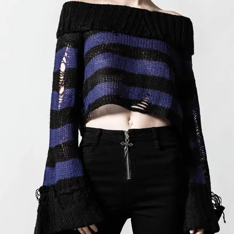 Fall Winter Women Streetwear Long Sleeve Gothic Punk Off Shoulder Striped Ripped Jumper Loose Knit Crop Top Pullover Sweater