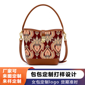 Custom Made Chinese Style Song Brocade Jacquard Oil Waxed Vegetable Tanned Cowhide Handbags Tote <b>Bags</b> With Logo Printing - Product Image 3