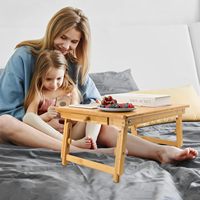 Plateau de service en bambou pour le petit-déjeuner, hauteur réglable, pieds pliables, tiroir de rangement, support pour la lecture, bureau portable pour ordinateur portable pour le lit