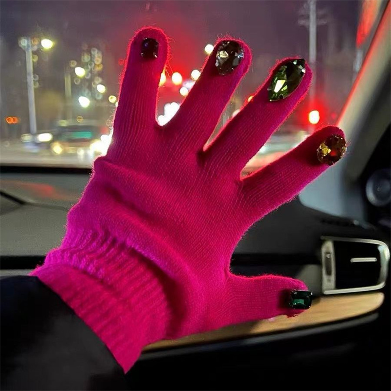 Женские зимние мягкие теплые вязаные перчатки с закрытыми пальцами, однотонные модные роскошные варежки со стразами, женские перчатки для вождения, перчатки для ногтей