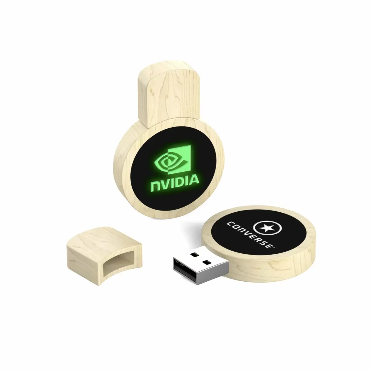 Regalo promocional creativo Usb Nuevo diseño Led Light Up Logotipo luminoso Tapa de unidad flash USB de madera redonda, pen drive de madera con logotipo ligero