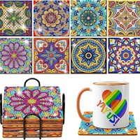 Set Coaster Lukisan Berlian Bunga Mandala dengan Rak, Alas Minuman Kerajinan Seni Rhinestone DIY