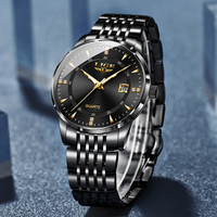 Montre de luxe pour homme LG89150 noire ultra-fine, à quartz, avec date, étanche, en acier inoxydable, bracelet 20 mm, aiguilles simples, finition diamant doré
