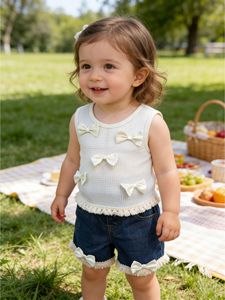 Completo Set Due Pezzi per Bambina 2026 di Tendenza: Top a Costine con Fiocco e Jeans con Inserti in Pizzo - Ingrosso Abbigliamento Bambina - Product Image 3