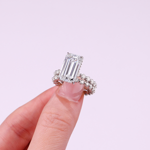 Gioielli Raffinati in <span class=keywords><strong>Argento</strong></span> <span class=keywords><strong>925</strong></span> con Moissanite Taglio Smeraldo Colore D, Set di Anelli di Lusso con Incastonatura Pavé Placcati in Oro Bianco per Matrimoni Femminili - Product Image 6
