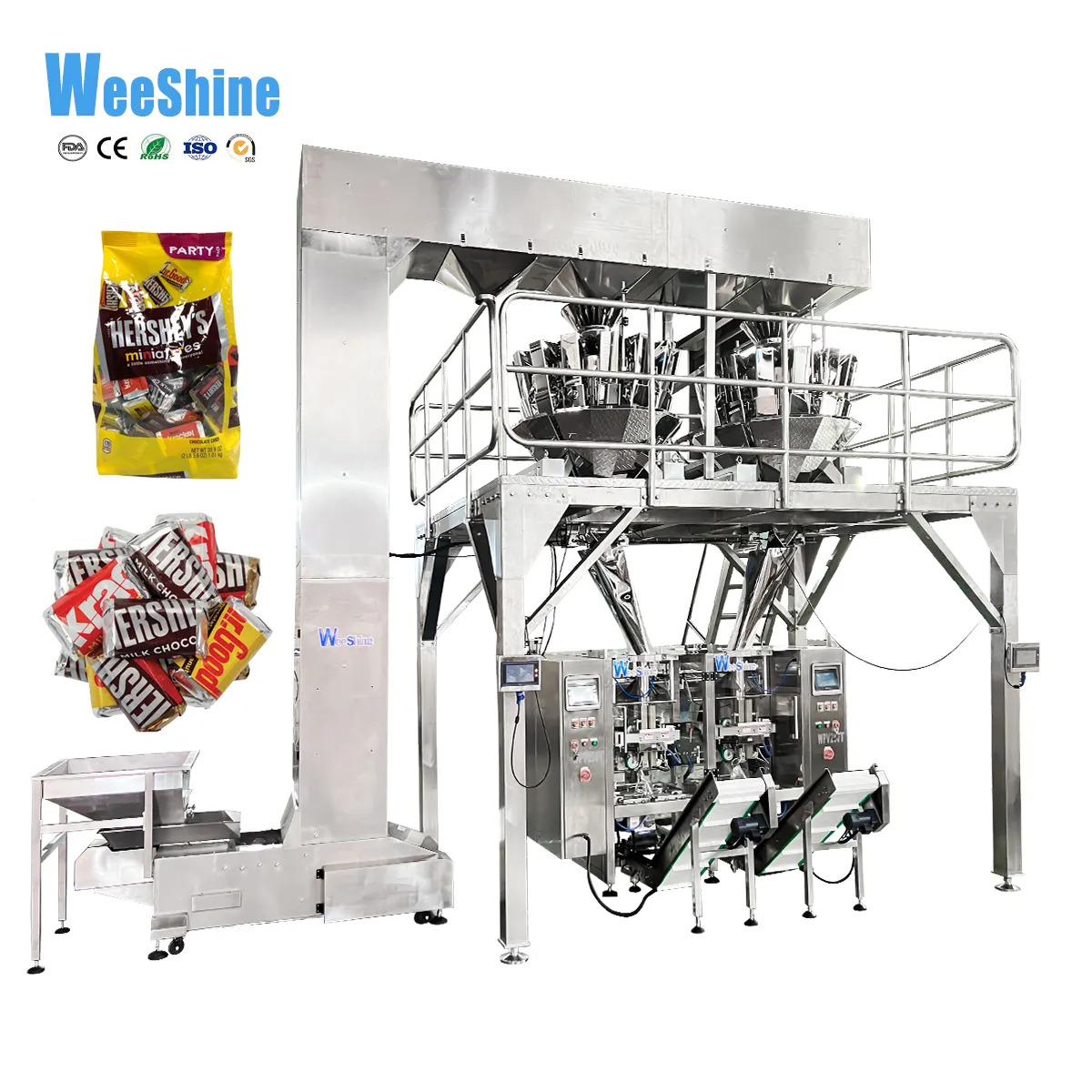 WEESHINE लॉलीपॉप वजन और पैकिंग मशीन स्वचालित बैक सीलिंग ग्रेन्युल कैंडी ट्विन पैकिंग मशीन