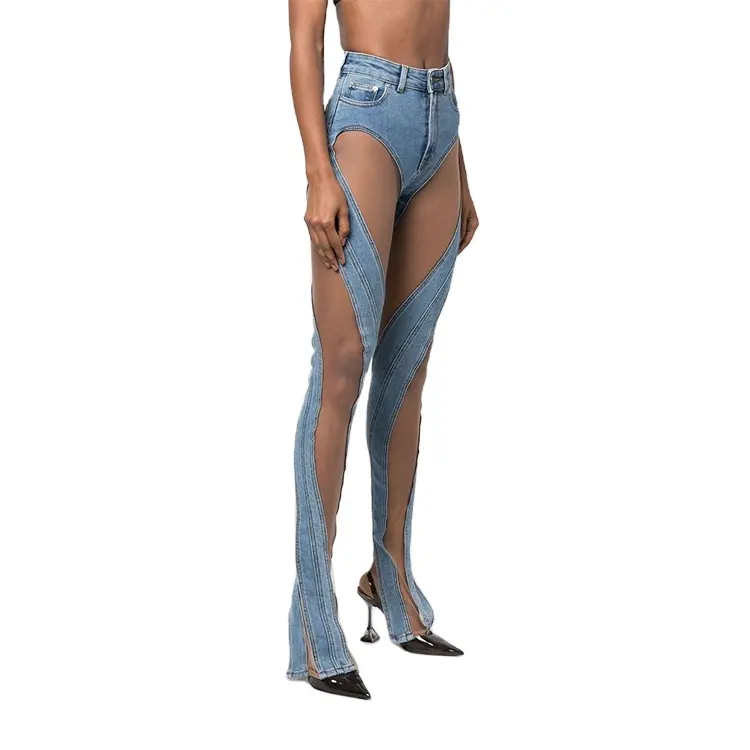 Custom label women high quality cutout patchwork mesh-paneled slim fit sexy streetwear women jeans