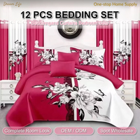 Parure de lit en polyester résistante à la décoloration, 12 pièces, taille Queen, toutes saisons, avec taies d'oreiller et rideaux, en gros