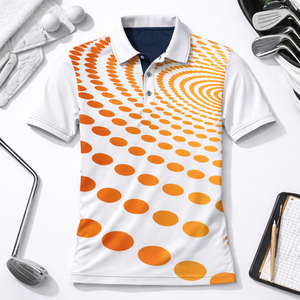 Polo de sport pour homme en polyester et élasthanne, anti-boulochage, motif cercle abstrait, orange et blanc, avec logo personnalisé - Product Image 1