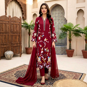 Ensemble ethnique indien/pakistanaise brodé rouge pour femme, tunique longue, pantalon palazzo, dupatta transparent, motif floral, séchage rapide, robe toutes saisons - Product Image 1