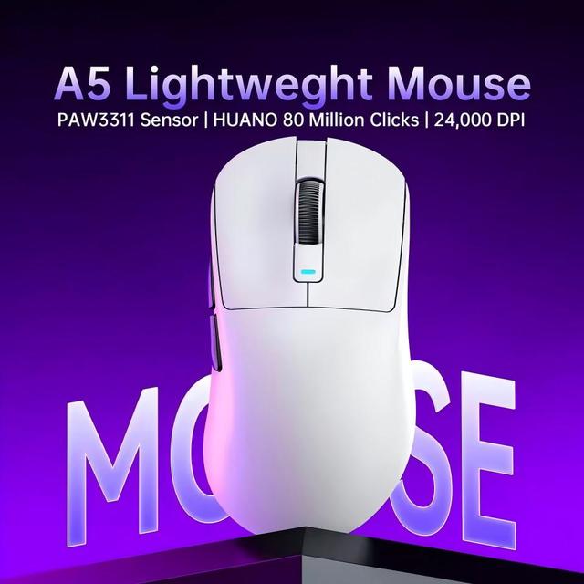 FREEWOLF A5 Ultra-Light Gaming Mouse BT Wireless 1K Hz PAW3311 Sensor 24000DPI Right-Hand Ergonomic HUANO 80M Switch Tri-Mode