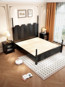 Vintage Black Solid Wood King Size Bed Frame, American Retro Queen Bed with Vertical Texture & Carved Details, Luxury Bedroom - Product Image 4