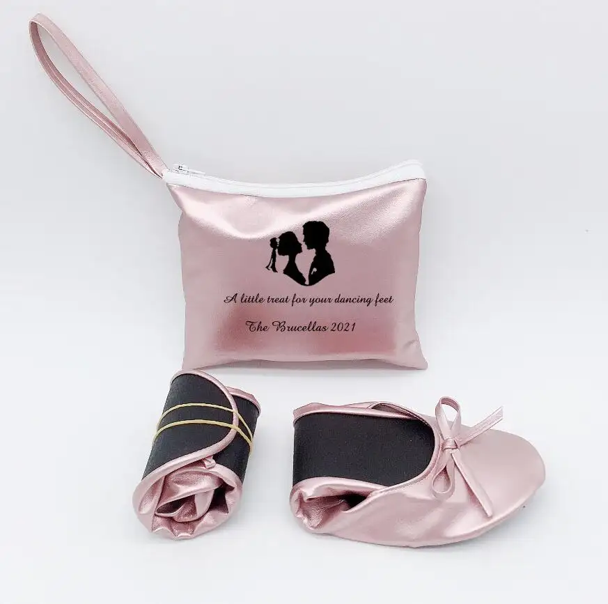 wholesale retail wedding party gift rose gold roll up ballet flats with customized picture printing