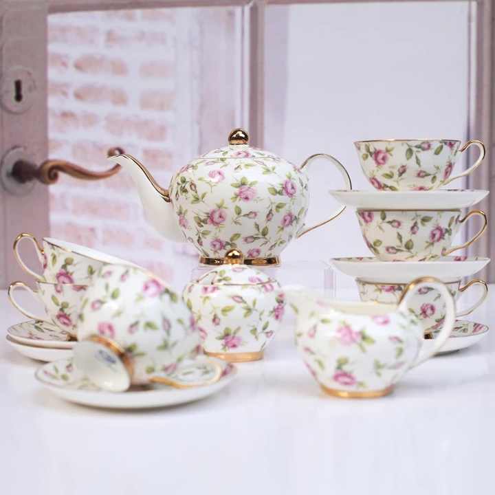 Custom Luxury Pink Color Floral Turkish Tea Cup Saucer Sets,Fine 5 Pcs Porcelain Tea Set Tea Pot Set
