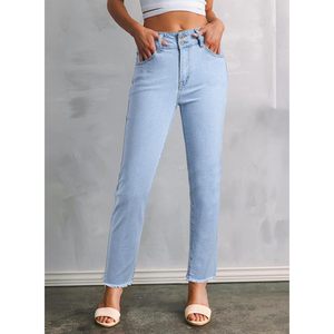 2025 femmes taille haute botte coupe jean Stretch jambes droites petit ami Denim pantalon avec poches bleu clair L taille 6 court - Product Image 3