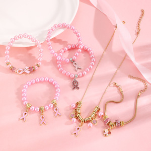 Braccialetti di <span class=keywords><strong>perle</strong></span> fatte a mano da donna con ciondoli a nastro <span class=keywords><strong>rosa</strong></span> braccialetti per la consapevolezza del cancro al seno - Product Image 2