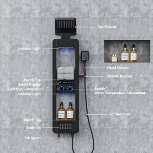 Système de douche à panneau <span class=keywords><strong>LED</strong></span> avec étagère, pomme de douche pluie et système de massage par jets d'eau, acier inoxydable pour salle de bain - Product Image 5