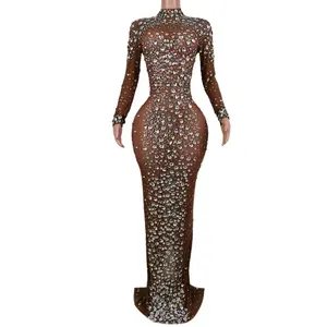 2023 Luxury See Through Crystal Prom Gowns Sexy Diamond Birthday Wedding Guest Dresses Mulheres Formal Long Party Evening Dress