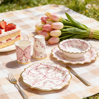 Vaisselle jetable en papier écologique de qualité alimentaire à fleurs roses personnalisable - Gobelets et assiettes artisanaux à succès pour une utilisation multi-scènes
