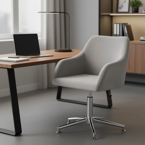 Sedia da Ufficio Girevole in Velluto Grigio Chiaro con Braccioli, Base Cromata, Regolazione Manuale, Design Contemporaneo per Uso Ufficio - Product Image 2