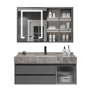 Mueble de <span class=keywords><strong>Baño</strong></span> <span class=keywords><strong>Moderno</strong></span> y Lujoso Lovein con Tiradores de Madera y Estantes de 3 Niveles, Lavabo Simple e Inteligente, Mueble con Luz - Product Image 5
