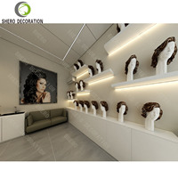 Meubles de présentation pour salon de coiffure, présentoir pour extensions de cheveux, étagère de présentation de perruques, design de meubles de présentation intérieure, rendu 3D, aménagement de magasin