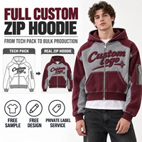 Sweat à capuche zippé personnalisé pour homme, coupe courte, color block, broderie chenille, logo personnalisé pour un style rétro streetwear