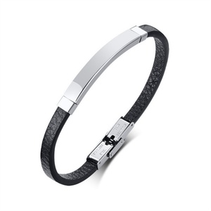 Wholesale 18k Gold Plated Stainless Steel Blank bar Charm <b>Leather</b> <b>Bracelet</b> - Product Image 2