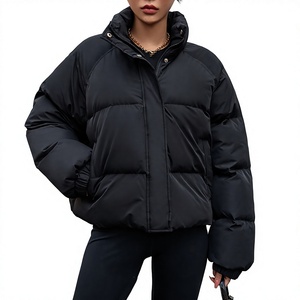 Black Puffer Jacket Stand Collar Zipper Closure Quilted Windproof <b>Thick</b> <b>Winter</b> <b>Coat</b> Casual Loose Fit Short Length Unisex - Product Image 1