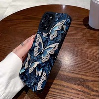 Papillon bleu impression TPU rayure cuir artificiel housse de téléphone portable pour Iphone 8 X Xr Xs 11 12 13 14 15 16 17 Pro Max