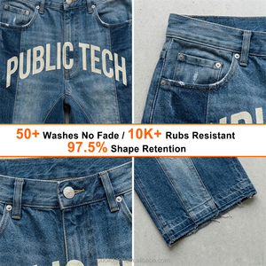 Custom Vintage Stone Wash Panel Spliced Denim Jorts Screen Print Raw Hem Knee Length Hip Hop <b>Mens</b> Shorts <b>Jeans</b> OEM Cut and Sew - Product Image 2