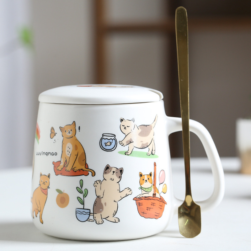 Tasse de couple chat sans ombre couvercle en porcelaine cuillère dorée