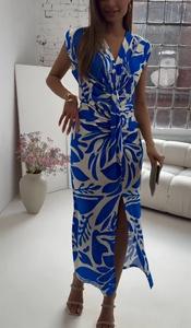 Robe midi pour femme à col en V avec nœud torsadé, style européen et américain, manches courtes, imprimé feuilles abstraites, fente latérale, coupe ajustée, robe de soirée - Product Image 6