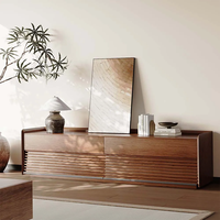 Meuble TV Wabi-Sabi en Noyer Noir Massif Écologique avec Portes à Lattes Verticales et Tiroirs pour Salon et Salle à Manger Modernes