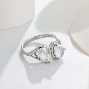 Delicate Gold & <b>Silver</b> Two-Stone <b>Ring</b>, Sparkly Pear Zircon Bezel Setting, Elegant Solid Band, Perfect for <b>Stacking</b>, Gifting & Da - Product Image 4