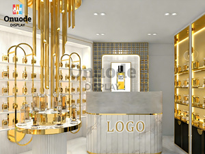 Vitrine <span class=keywords><strong>de</strong></span> présentation <span class=keywords><strong>de</strong></span> parfums écologiques haut <span class=keywords><strong>de</strong></span> gamme |   Vitrine murale LED blanche et or sur mesure pour les magasins <span class=keywords><strong>de</strong></span> parfums <span class=keywords><strong>de</strong></span> luxe (recyclable) - Product Image 2