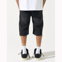 Shorts en denim noir premium délavé vintage, shorts pour hommes personnalisés avec strass, ourlet brut, fermeture éclair latérale, style streetwear, confort et style se rencontrent