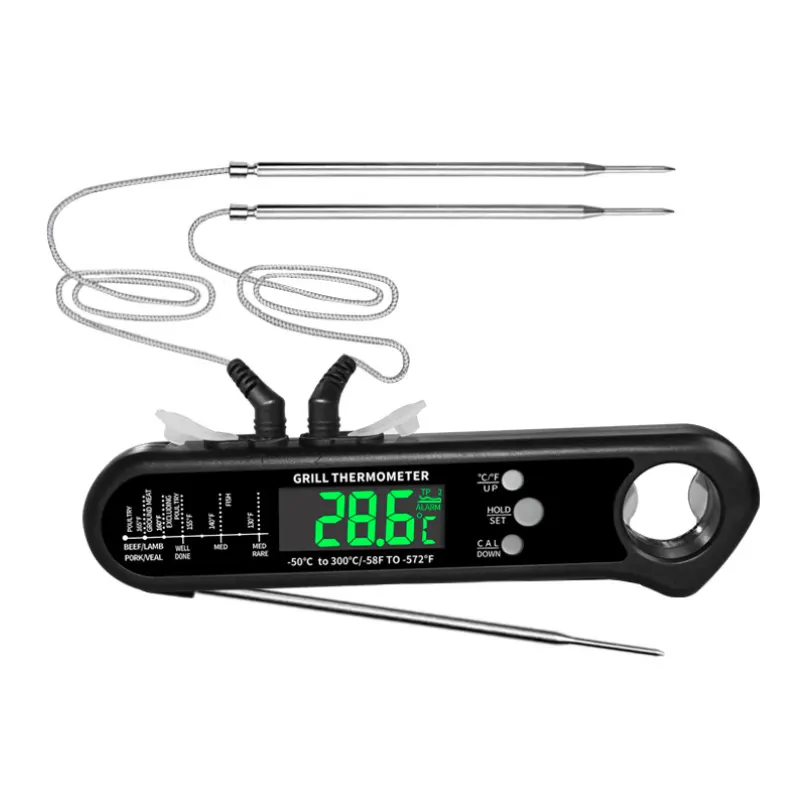 Thermomètre de cuisine four viande barbecue thermomètre pliant écran LCD extension externe double sonde avec fonction d'alarme