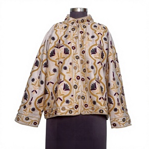 Handmade Multicolor Suzani Embroidered Velvet Quilted <b>Reversible</b> <b>Jacket</b> Women Breathable Floral Design Handcrafted Cotton - Product Image 1