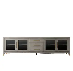 Home furniture living room furniture shagreen-embossed leather glass 4-door media console with drawer TV stands